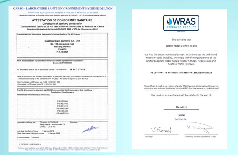 certificate for shower head